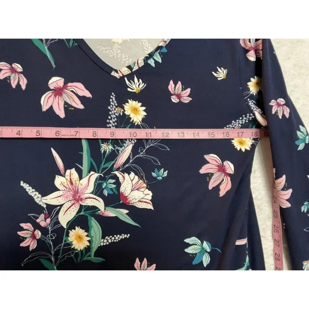 Serra Dress Womens Large Navy Blue Floral 3/4 Sleeve V Neck Shift Stretch Jersey